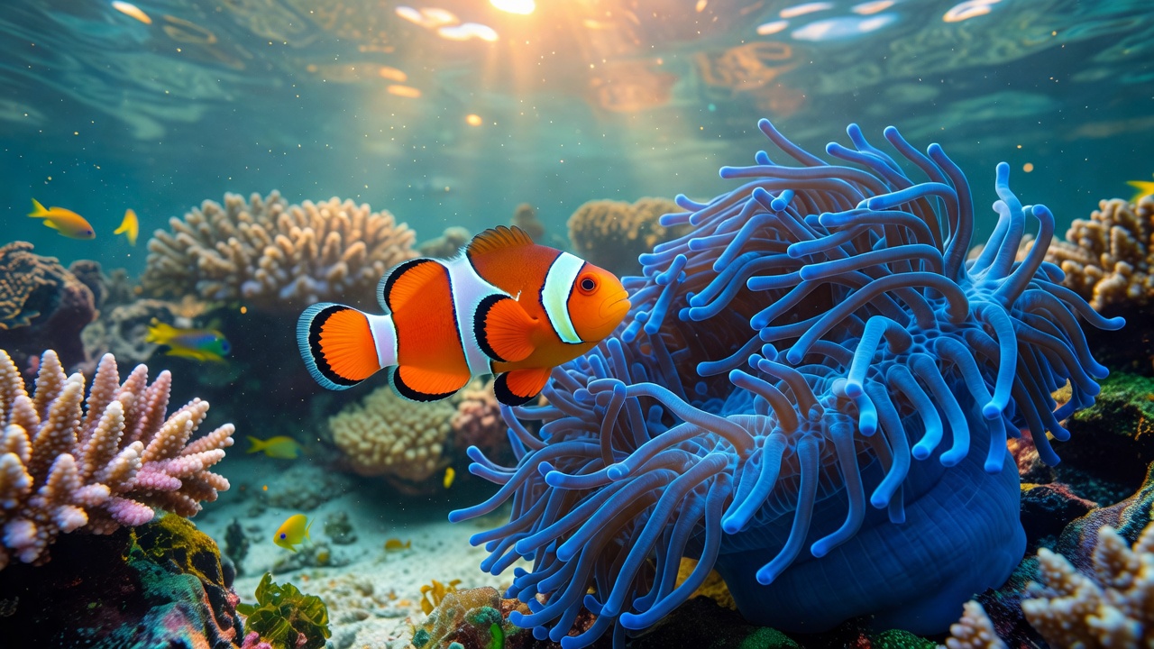 A detailed orange clownfish in front of a blue background reef mockup