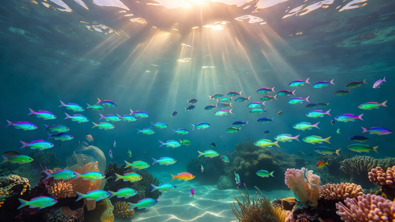 Deep clear sea water showcasing small tropical fishes swimming through reefs