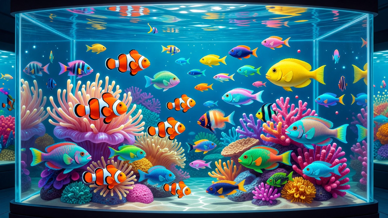 A school of exotic striped clownfish swimming next to clean glowing anemones