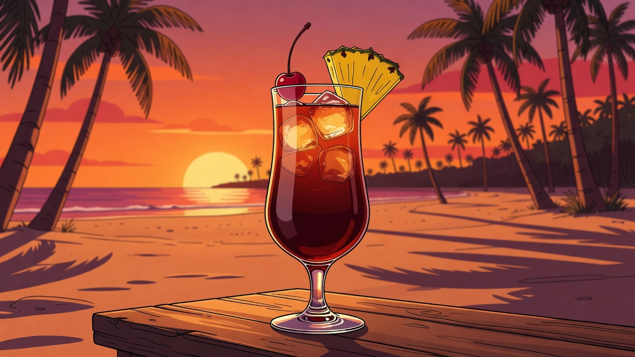 A glass of tropical cocktail reflecting deep sunset lighting under the ocean