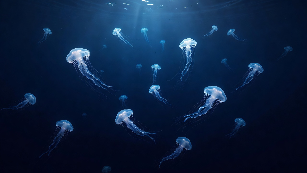 Glowing cartoon jellyfish floating through dark navy blue ocean depth
