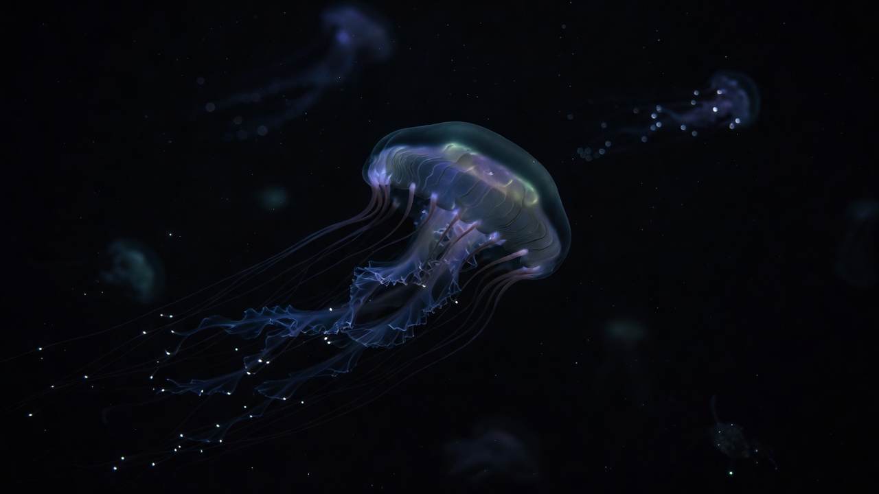Dark deep ocean waters highlighting bioluminescent jellyfish and seaweed structures