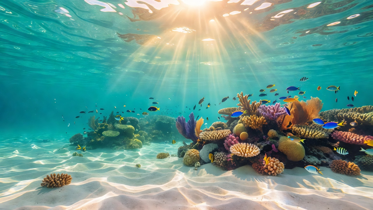 Rays of sunshine shining through clear turquoise tropical sea water