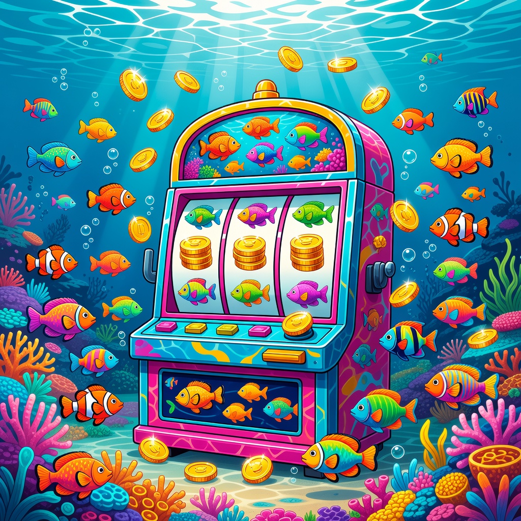High-fidelity visual render showing neon fishes and cartoon slot interface under clear sea water